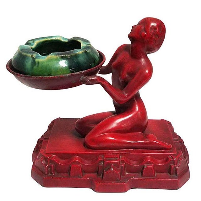 1920s Rare Red Enamel Nude Female Ashtray by Nuart W/ McCoy Ashtray For Sale - Image 4 of 6