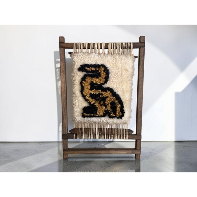 Late 20th Century Vintage Mid-Century Woven Fiber Art Stylized Animal Motif Wall Hanging on Wood Frame For Sale - Image 5 of 12