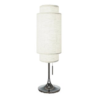 1960s Mid Century Lollipop Table Lamp by Nova of California - Black Nickel, White Linen Double Shade, on/Off Pull Chain For Sale