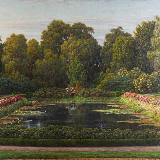 Immerse yourself in serene natural beauty with The Water Garden, a framed and signed oil on canvas by Henrik Gamst...