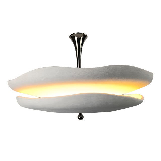 Sculptural Gesso Ceramic and Polished Chrome Pendant Light by ZAVADSKI For Sale
