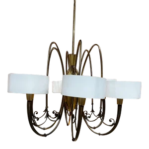 1950s Sculptural Six Arm Opaline Chandelier Multi Tone Brass Italy