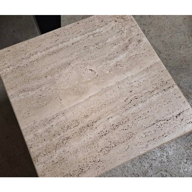 Italian travertine coffee table or pedestal, beautifully veined, the complex color enhanced by the irregular natural...