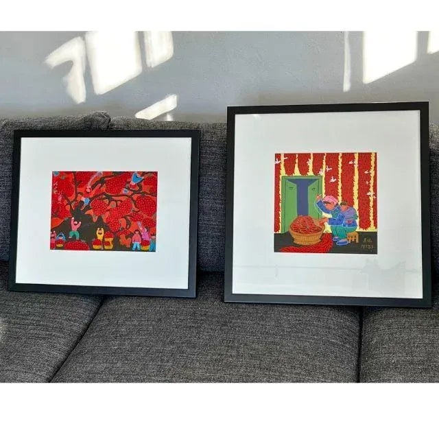 A coordinated set of striking Chinese Gouache on paper, folk art paintings depicting harvest scenes in brilliant raspberry...