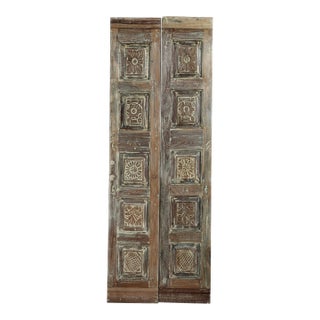 Mid Century Floral Carved Double Doors – Rustic Modern Solid Wood Doors80x28 For Sale