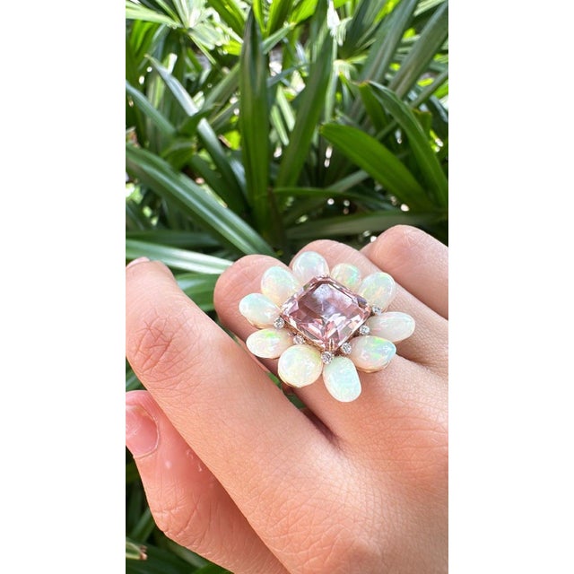 Peach Set in 18k Gold, 9.87 Carats Tourmaline, Ethiopian Opal & Diamonds Cocktail Ring, Size 6 For Sale - Image 8 of 10