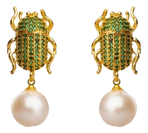 Egyptian Scarab Emerald & Pearl Dangle Mystic Earrings, 2 Pieces
