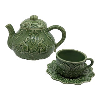 Vintage Bordallo Pinheiro Bunny Rabbit Teapot and Cup With Saucer - A Set of 3 For Sale