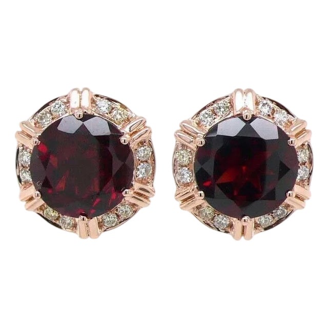 Fancy Round Red Garnet Diamond Halo 18 Karat Rose Gold Stud Statement Earrings, A Pair For Sale