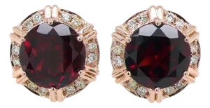 Fancy Round Red Garnet Diamond Halo 18 Karat Rose Gold Stud Statement Earrings, A Pair