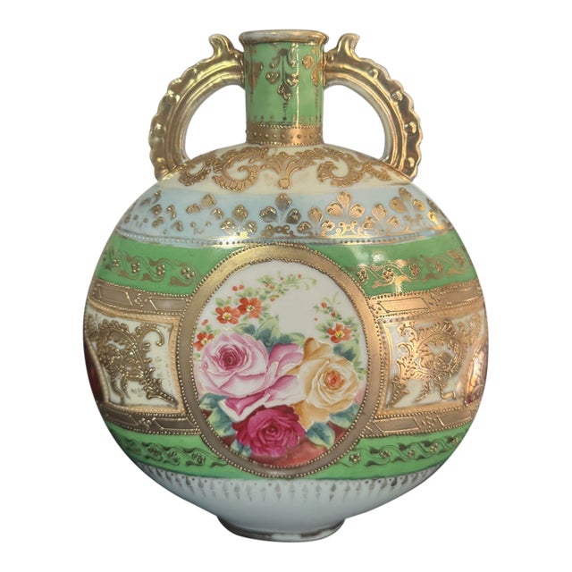 Antique French Porcelain Hand-Painted Pilgrim Flask Vase With Raised Gold Filigree & Roses For Sale