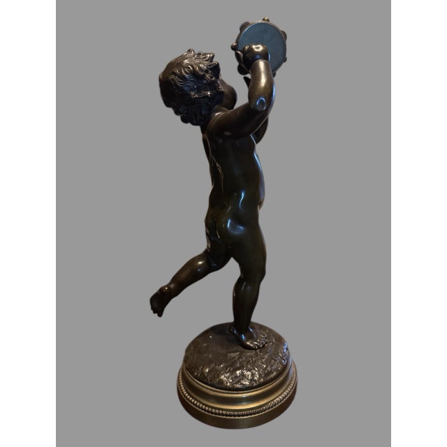Early 20th Century Antique Victorian Clodion 14.5" Figural Bronze Statue Sculpture Musician Playing a Tambourine For Sale - Image 5 of 12