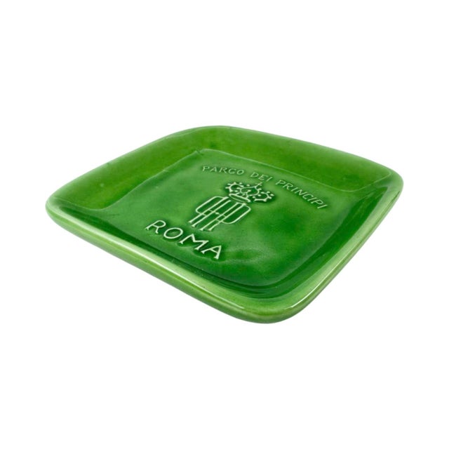 Mid-Century Modern Vintage Parco Dei Principi Rome Ashtray Green Ceramic Hotel Catchall Italy For Sale - Image 3 of 9