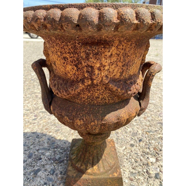 French Cast Iron French Classical Style Urn Form 17" Outdoor Garden Planter With Faces For Sale - Image 3 of 13