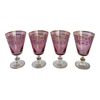 Set of 4 Argyle Pink and Gold Trim Glasses Made in Italy For Sale