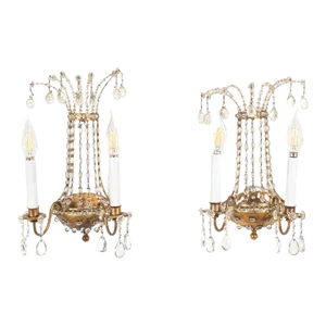 Pair of Vintage French Maison Jansen of Paris Brass and Crystal Sconces