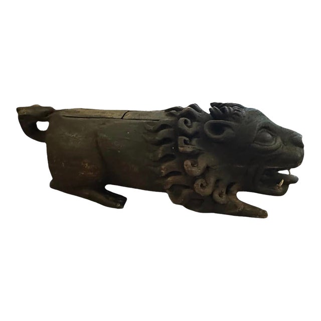 Hand-Carved Ebonized Wooden Guardian Lion Sculpture, 25” For Sale