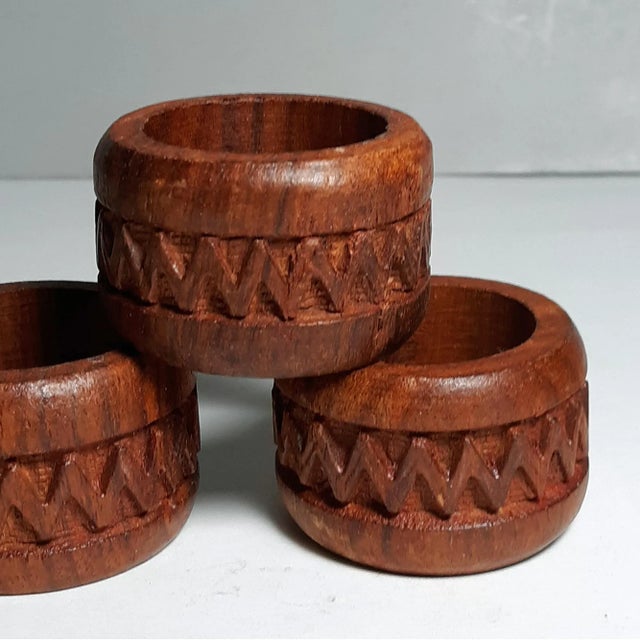 Mid-Century Modern Vintage Carved Teak Napkin Rings From India - Set of 5 For Sale - Image 3 of 6