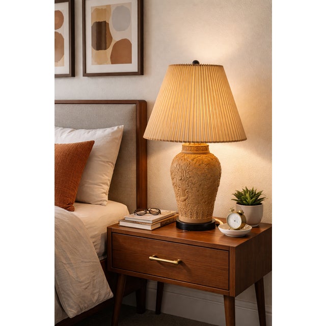 Mid-Century Modern Vintage 1970's Chapman Chinoiserie Relief-Carved Terracotta Lamp W/ Original Shade For Sale - Image 3 of 12