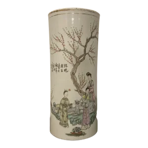 Late 19th Century Chinese Famille Rose Enameled Porcelain Cylinder Vase, Beauties With Poems