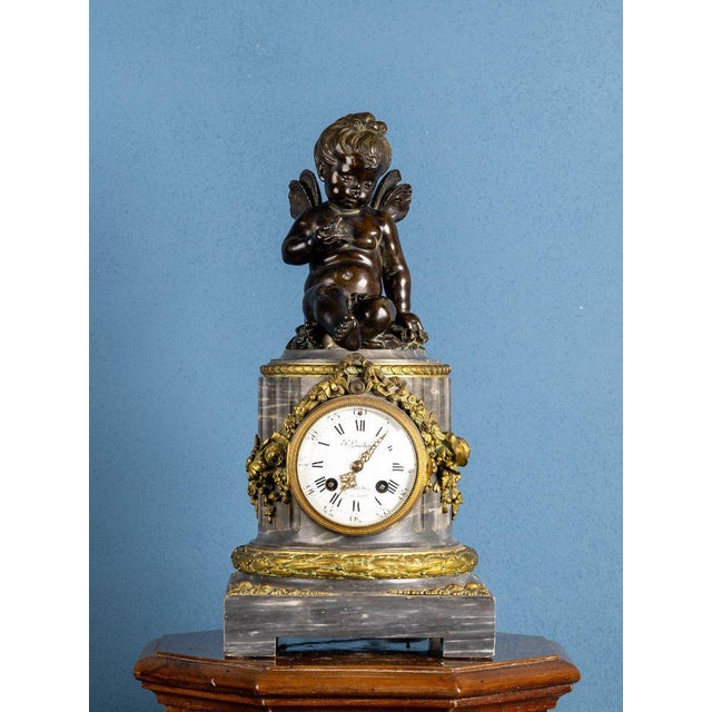 French Clock in Marble and Gilded Bronze with Putto, Late 19th Century For Sale - Image 5 of 7