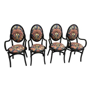 Black Lacquered Bamboo Chairs with Floral Fabric by Vivai Del Sud, 1970, Set of 4 For Sale