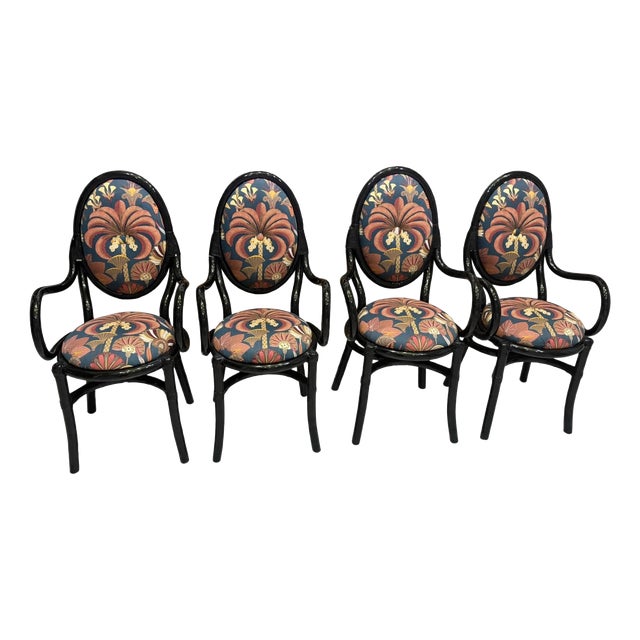 Black Lacquered Bamboo Chairs with Floral Fabric by Vivai Del Sud, 1970, Set of 4 For Sale