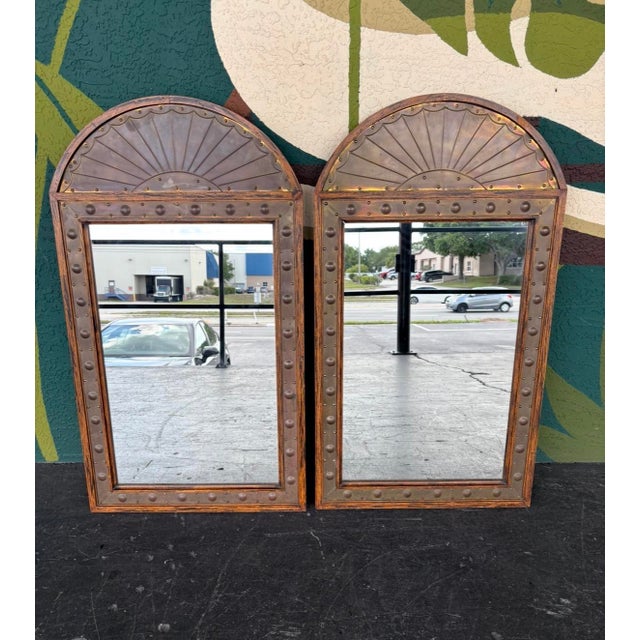 Sarreid Ltd. Sarreid Rustic Brass & Wood Arched Mirror Pair For Sale - Image 4 of 11