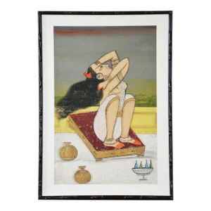 Large Vintage Indian Hand-Painted Woman Dancer Mounted on a Bamboo Style Frame