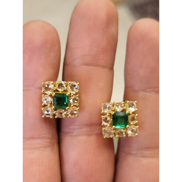 Modern Set in 18k Gold, Natural Zambian Emerald & Yellow Rose Cut Diamonds Stud Earrings, Pair For Sale - Image 3 of 7