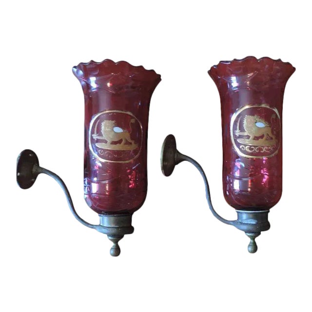 19th Century English Blown & Cut Ruby with Gilt Lion Crest Glass Wall Sconces - A Pair For Sale