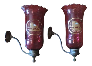 19th Century English Blown & Cut Ruby with Gilt Lion Crest Glass Wall Sconces - A Pair