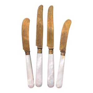 Antique 19th Century Mother-of-Pearl Handle & Brass Butter Knives - Set of 4