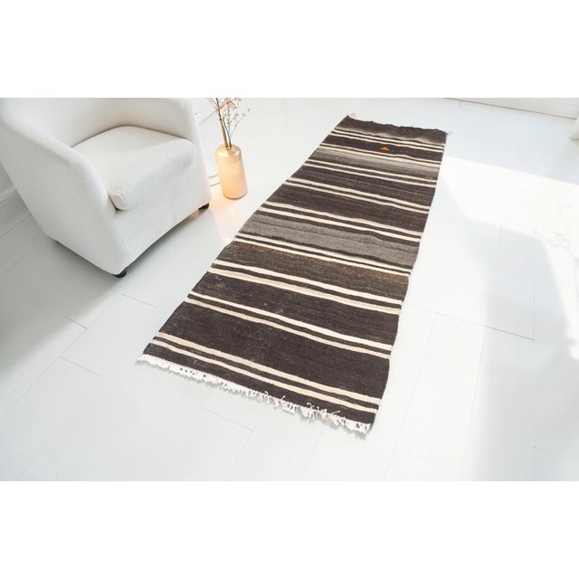 Anatolian Black & White Stripe Kilim Runner For Sale - Image 6 of 10