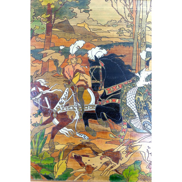 Aqua French Artist, Medieval Hunting Scene, 1900, Pyrograph For Sale - Image 8 of 12