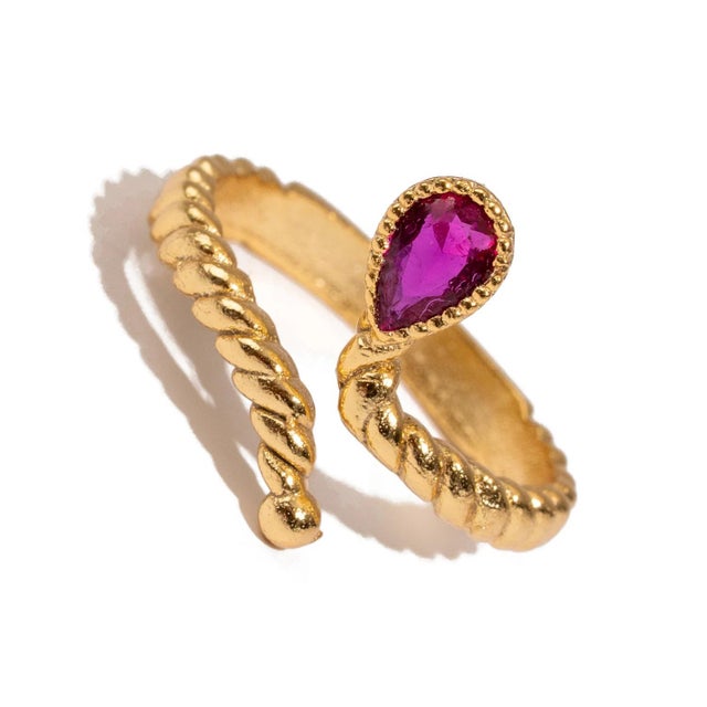Metal Passion Teardrop Ruby Gold Adjustable Ring, Size 8 For Sale - Image 7 of 10