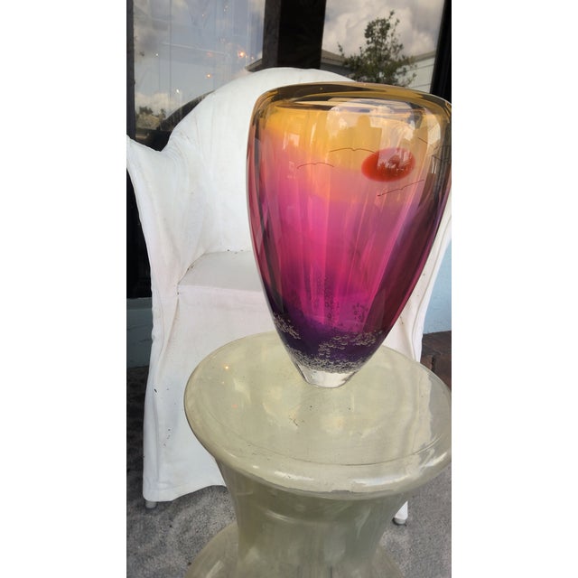 This beautiful hand blown glass vase by Blodgett Glass depicts the ocean at sunset with distant birds. The subtle sky...