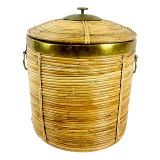 Mid-Century Bamboo and Brass Basket, 1950s For Sale
