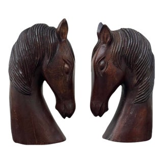 Vintage Equestrian Horse Head Sculptures in Dark Carved Wood - A Pair For Sale