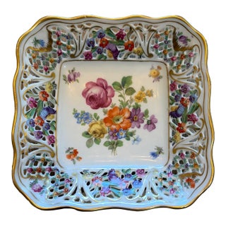 Early 20th Century Beautiful Small Square Schumann Bavaria Dish Handpainted With Gold Trim For Sale