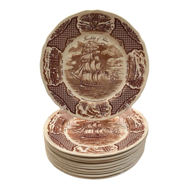 Vintage Alfred Meakin Staffordshire Fair Winds The Friendship of Salem Brown Dinner Plates - Set of 10 For Sale