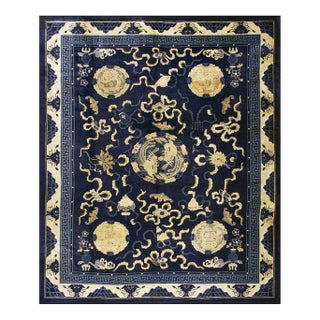 Antique Traditional Elements Chinese Peking Floral Medallion Blue 1880s Rug For Sale