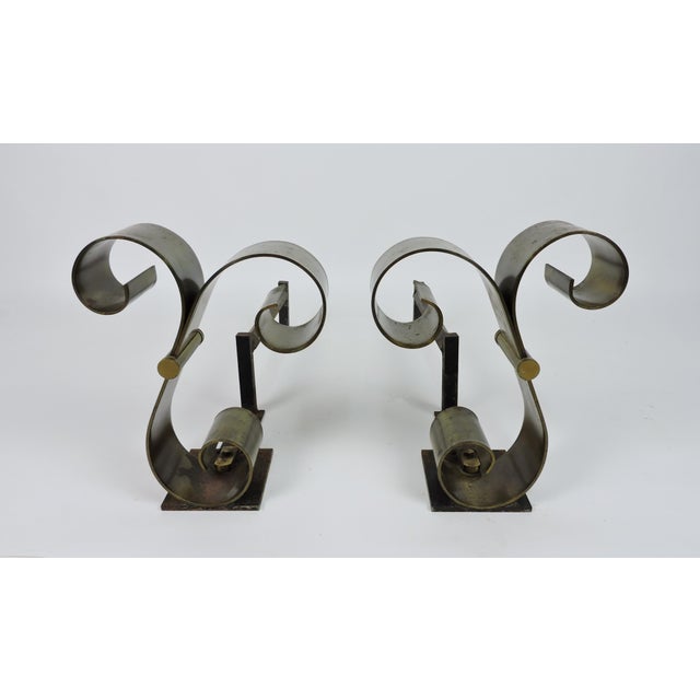 Metal Pair of Mid Century Modern Brass Scroll Andirons in the Style of Raymond Subes For Sale - Image 7 of 11