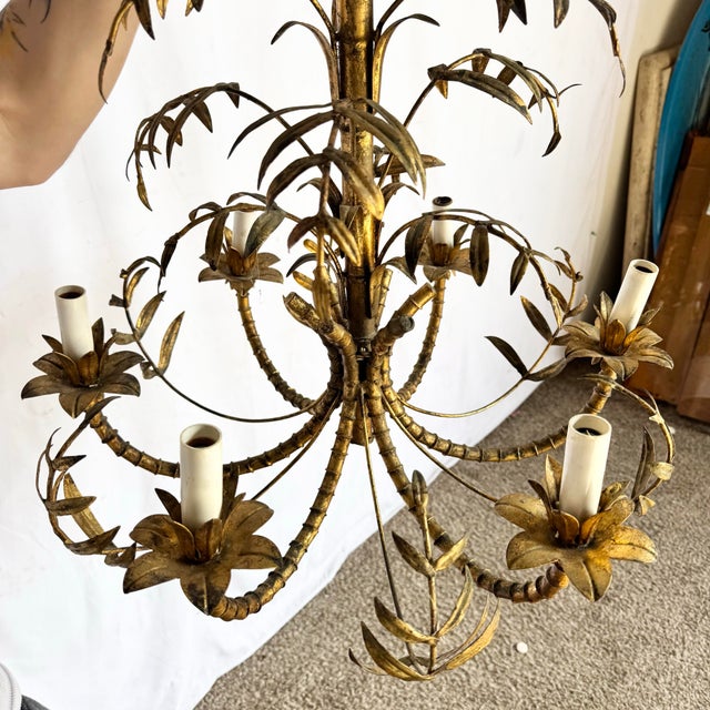 Gold Vintage Hollywood Regency Gilt Faux Bamboo Metal Chandelier For Sale - Image 8 of 10