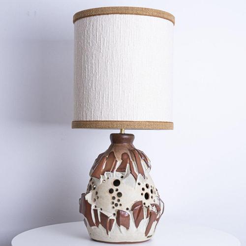 White Brique Ceramic Floor Table Lamp with Silk Lampshade attributed to R. Houben, 1970s For Sale - Image 10 of 13