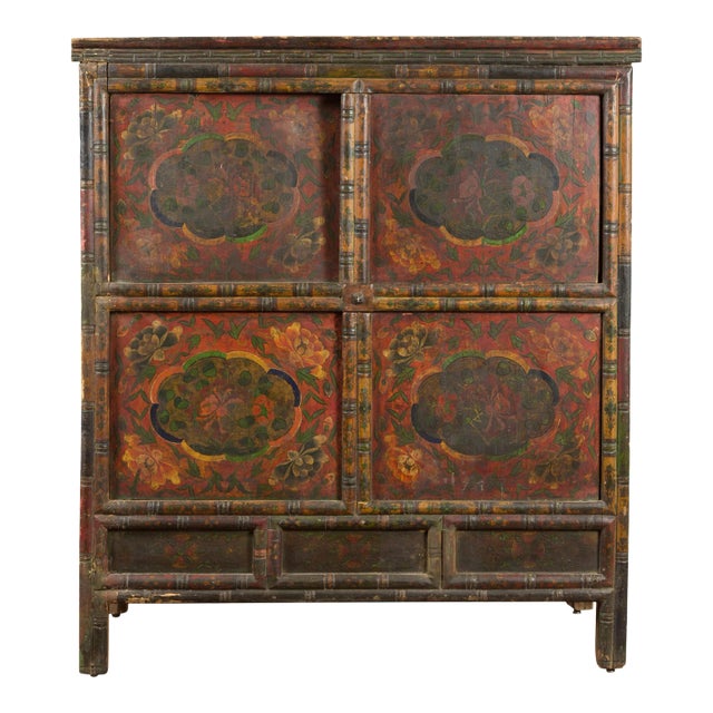 19th Century Polychrome Tibetan Cabinet with Double Doors and Painted Cartouches For Sale