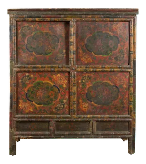 19th Century Polychrome Tibetan Cabinet with Double Doors and Painted Cartouches