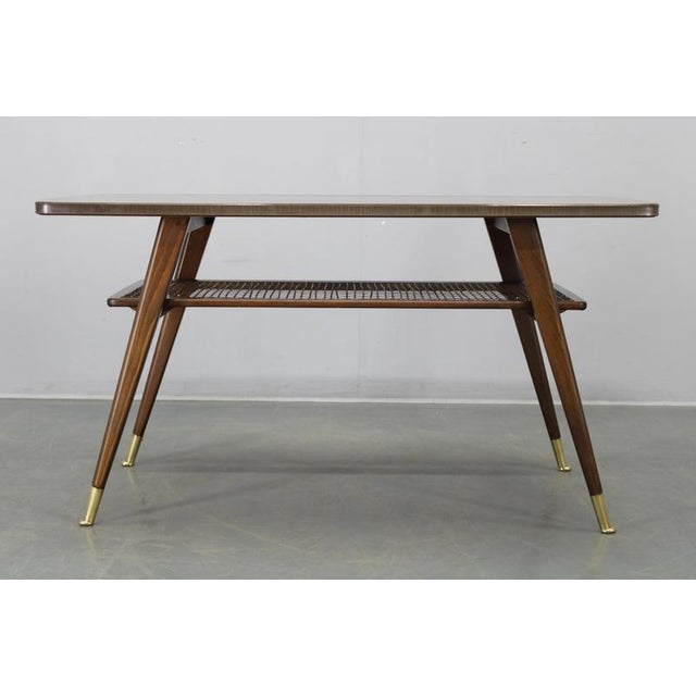 Mid-Century German Coffee Table with Rattan Shelf and Brass Legs, 1960s For Sale - Image 11 of 14