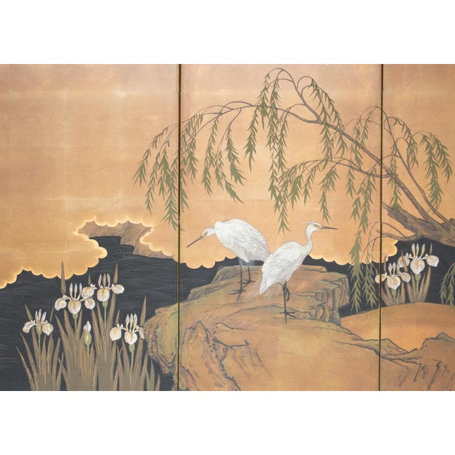 "Willow and White Herons" by Yukiga, 1970s Showa Era Japanese Painted Byobu Screen For Sale - Image 4 of 18