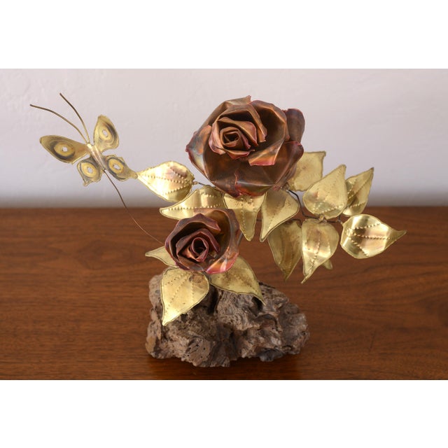 Mid Century Metal Roses and Butterfly Sculpture on Burlwood Base For Sale - Image 12 of 12